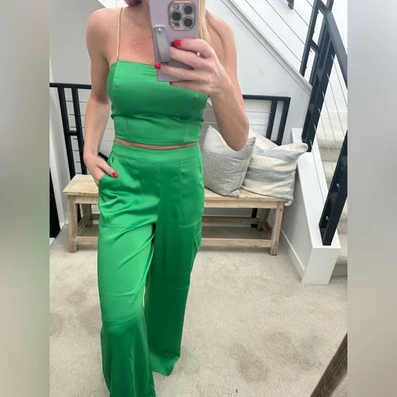 House of Harlow 1960 Green Satin Crop Top & Wide-Leg Pant Set | NWT XS - Picture 5 of 17